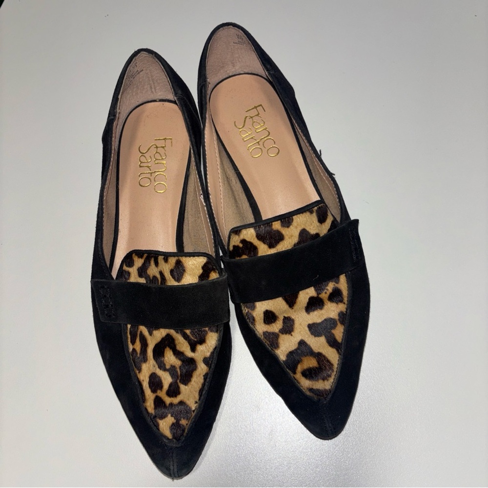 Franco Sarto Black and Leopard Loafers size 6
